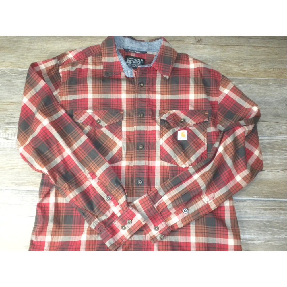 Carhartt‎ Shirt Mens L Red Black Plaid Rugged Flex Relaxed Lightweight Workwear